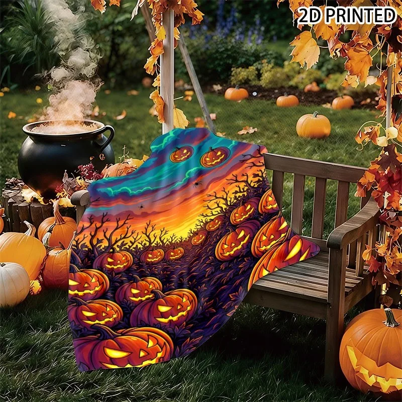 Vibrant Spooky Halloween Scene Throw Blanket, Glowing Jack-o'-Lanterns Twisted Eerie Trees & Floating Spiders Design, Multiple S