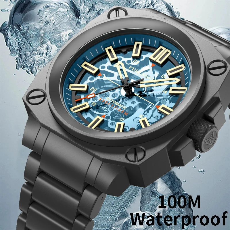 FeelNever Mechanical Man Watch Rugged Luxury Casual Sports Stainless Steel Hollow Out Waterproof Luminous Automatic Watches Male view 4