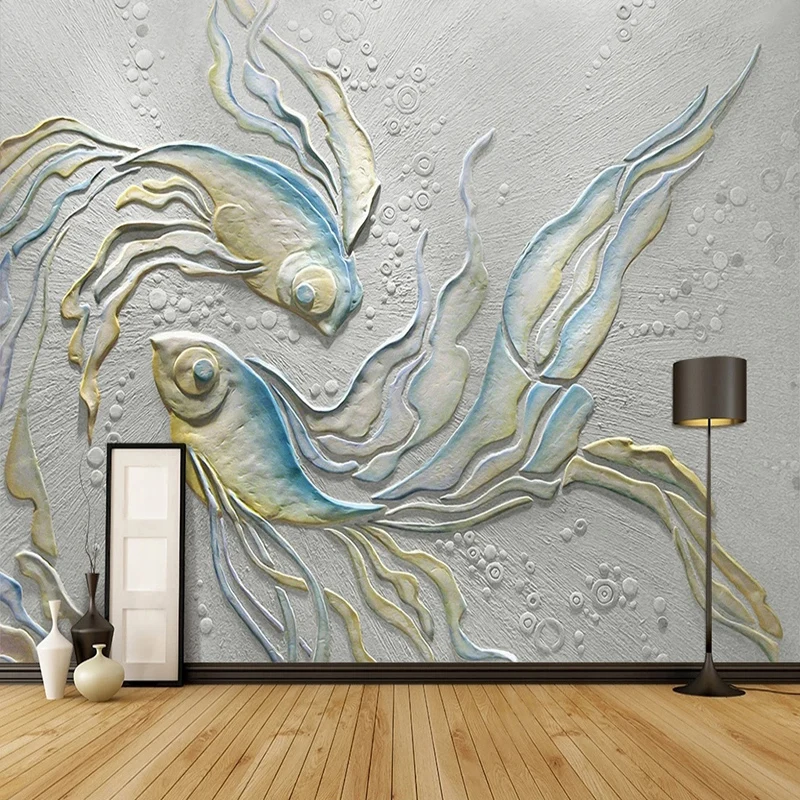 

Custom Mural Wallpaper European Retro Creative 3D Embossed Goldfish Fresco Living Room Bedroom Background Wall Paper Home Decor