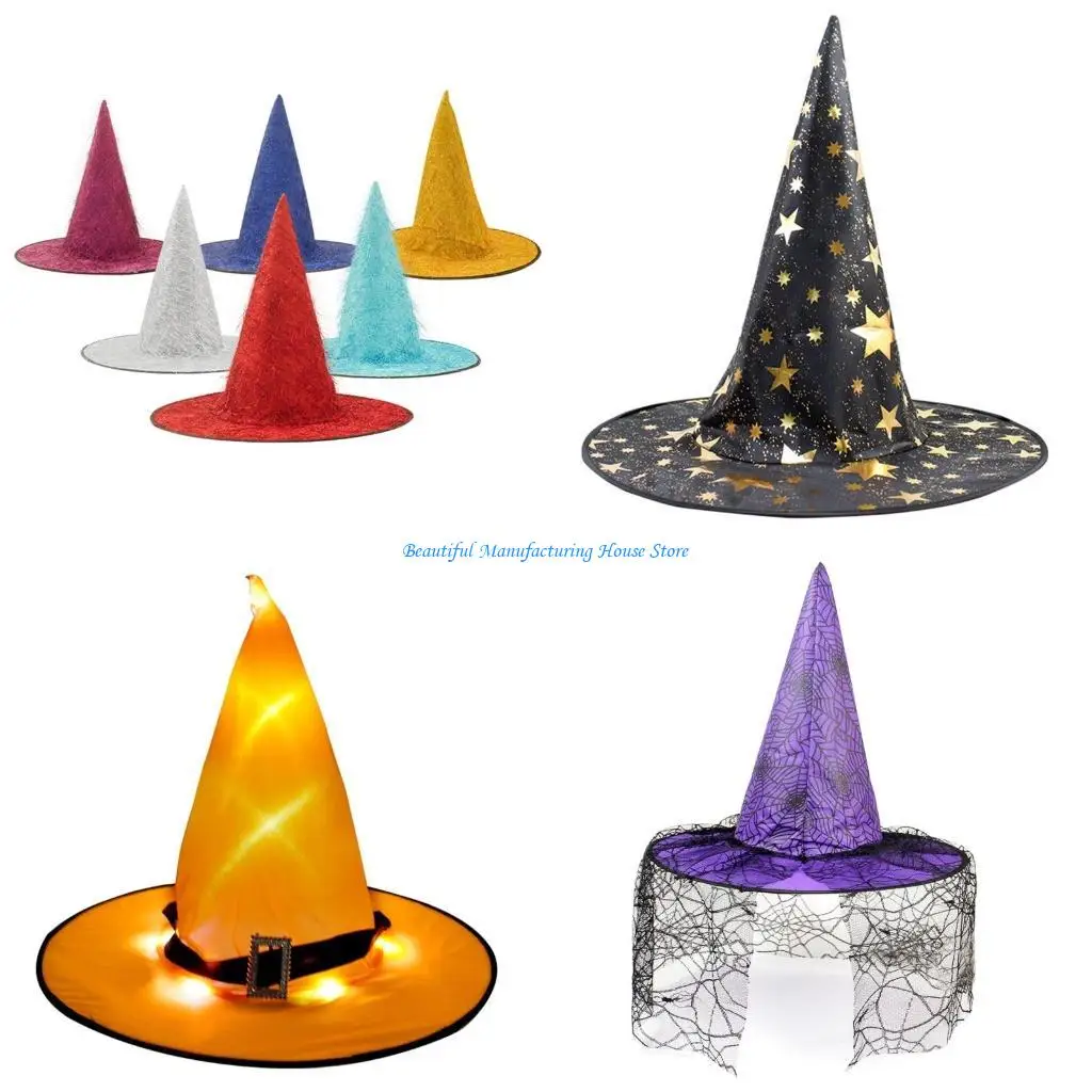 

E56A Halloween Witch Hat Wide Brim Party Top Hat Women Wizard Hat Unisex Witchcap Cosplay Costume Female Holiday Headdress