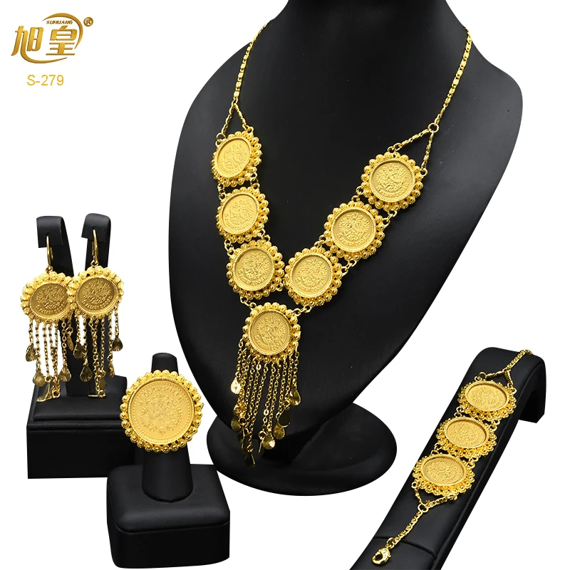 XUHUANG 2022 New Coin Necklace Bracelet Jewelry Sets For Women Dubai Gold Color Coins Jewellery Arab African Bridal Wedding Gift