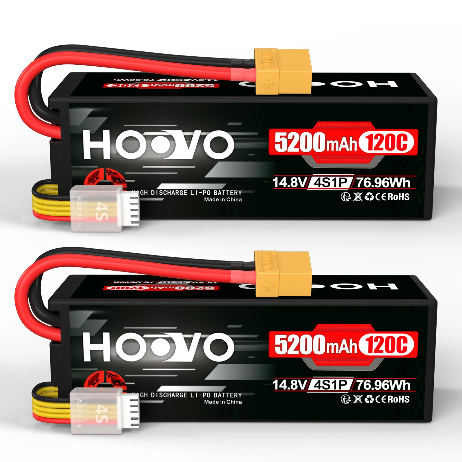 HOOVO 2Pcs Lipo Battery 4S 14.8V 5200mAh 120C RC Battery Hardcase with XT90 Plug for RC Buggy Airplane1/8 and 1/10 RC Car Models