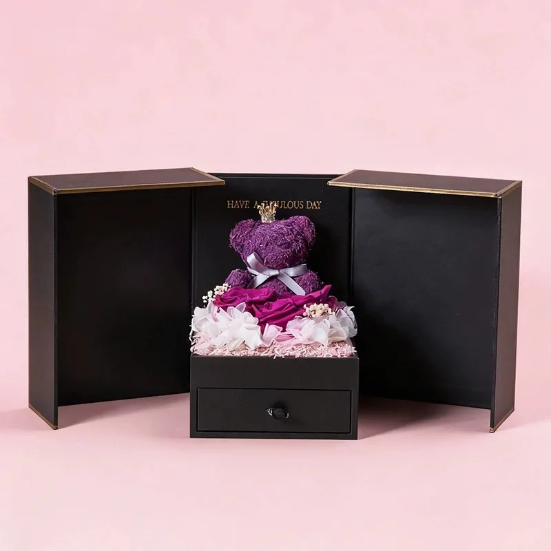 

Rose Gift Box Black Double-Door Valentine's Day Flower Jewelry Box Cute Bear Flower Gift Box