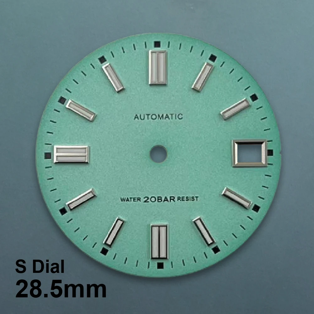 28.5mm S Logo Matte Dial Fit NH35/NH36/4R/7S Japan Movement Green Luminous High Quality Lake Blue Watch Modification Accessories