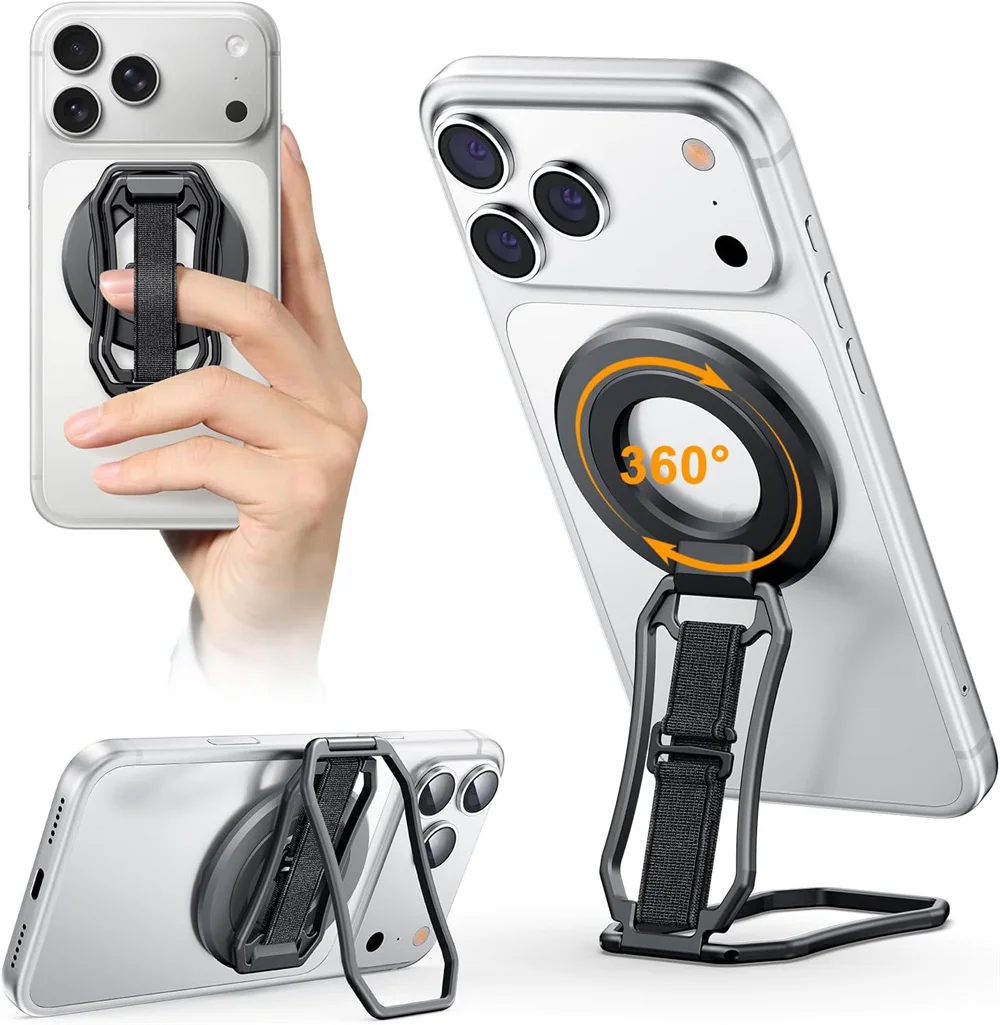 

6-in-1 Magnetic Phone Holder for Magsafe Kickstand 360 Rotation Phone Ring Holder with Elastic Strap For iPhone 17-12 Android