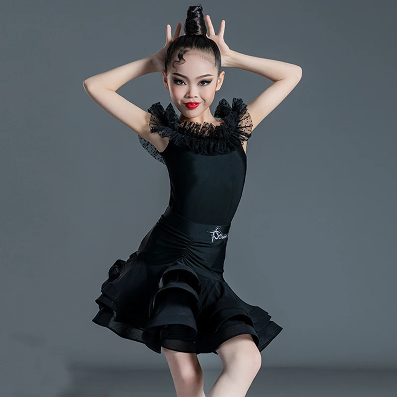 Children'S Latin Dance Clothes Girls Black One-Shoulder Latin Dance Dress Kids Professional Dancing Dresses Stage Wear SL6520