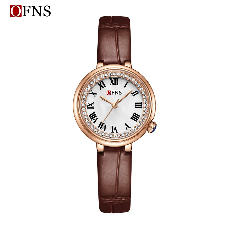 OFNS 1501 Women's Quartz Watch Simple and Fashionable Dial with Diamond Roman Scale Light Luxury Leather Strap Wristwatch