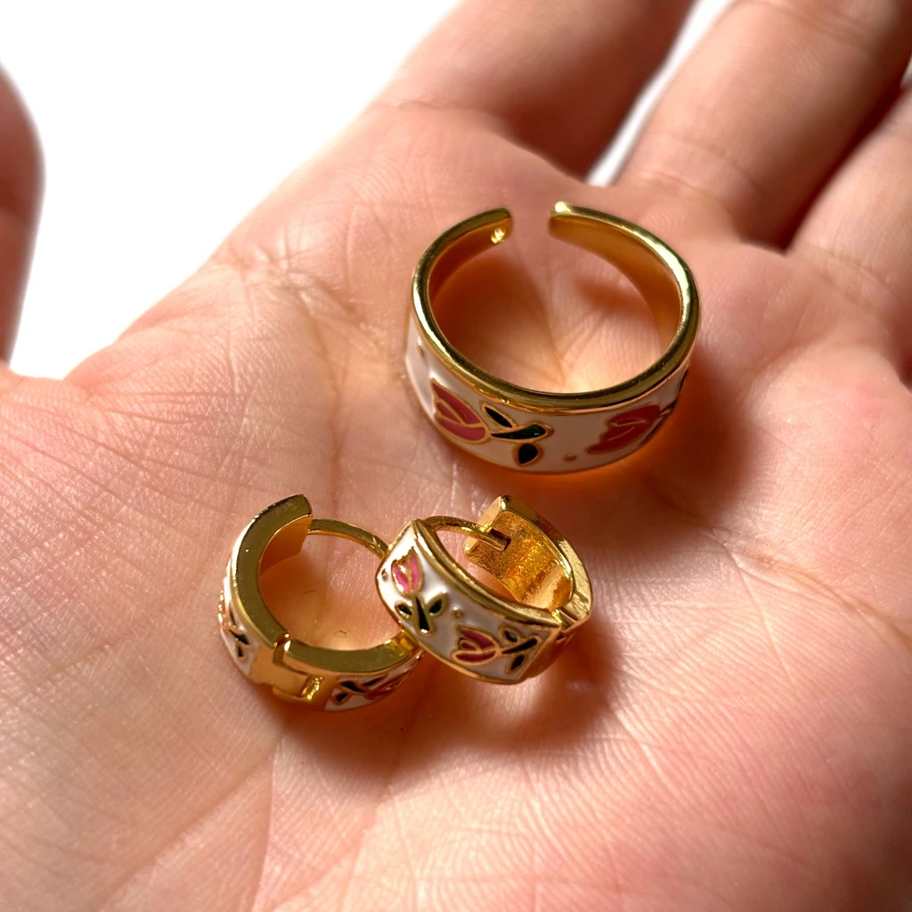 

5Pcs/Vintage Enamel Tulip Flower Earrings for Women Fashion Simple gold Color Adjustable Opening Finger Ring Party Jewelry