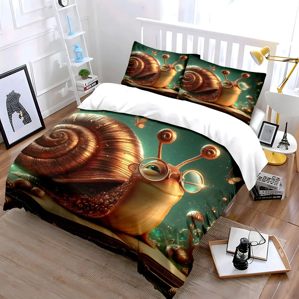 Golden snail reading with glasses Print Bedding Set 1 Duvet Cover 2 Pillowcases for Adult and Children Luxury Gift Full Size