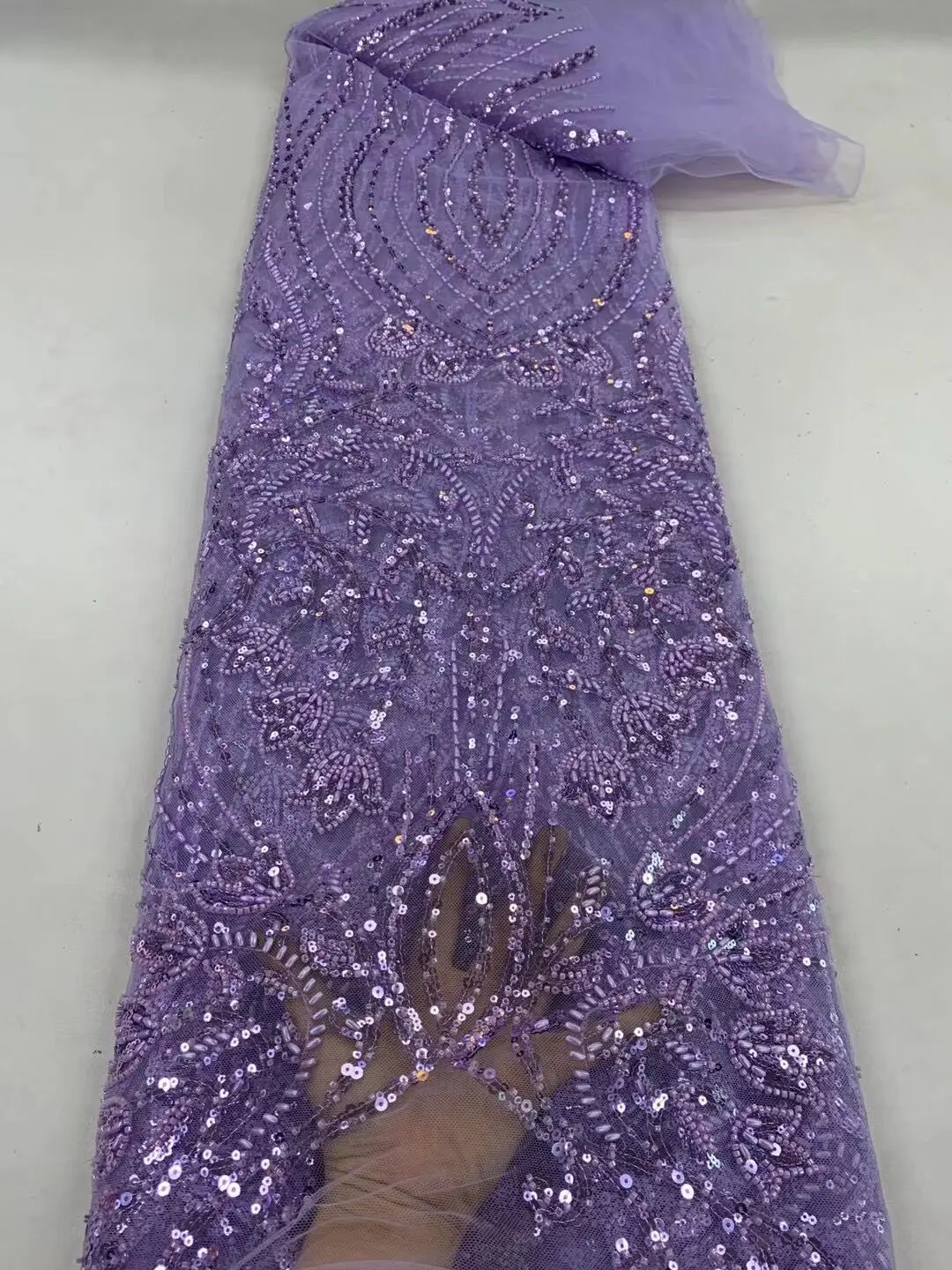 

French Tulle J-1308587 Lace with Sequins and Beads African Nigerian Embroidered Lace Fabric for Wedding Dress Sewing