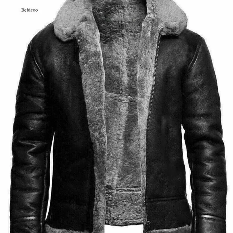 

Winter Relaxed Fit Leather Jaet with Zippered kets Lapel Mid-aged Bla Pure Color Casual Straight Cut Biker Coat