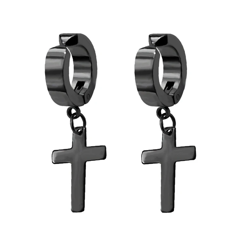 1Pcs Punk Stainless Steel Cross Pendant Hoop Earrings For Men Women Not Fade Piercing Ear Rings Hip Hop Male Jewelry