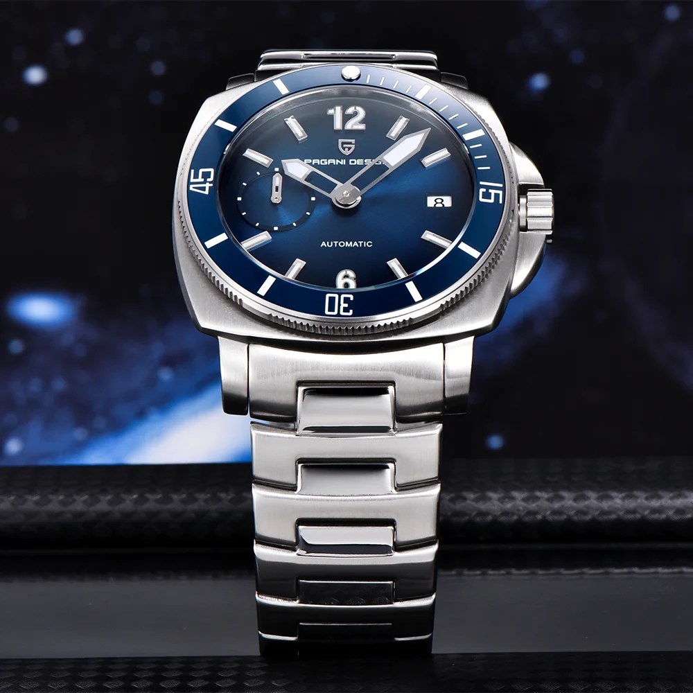 

Новые роскошные мужские механические часы Pagani Design 43 мм, из нержавеющей стали, с сапфировым стеклом, водонепроницаемые до 100 метров, автоматические мужские часы