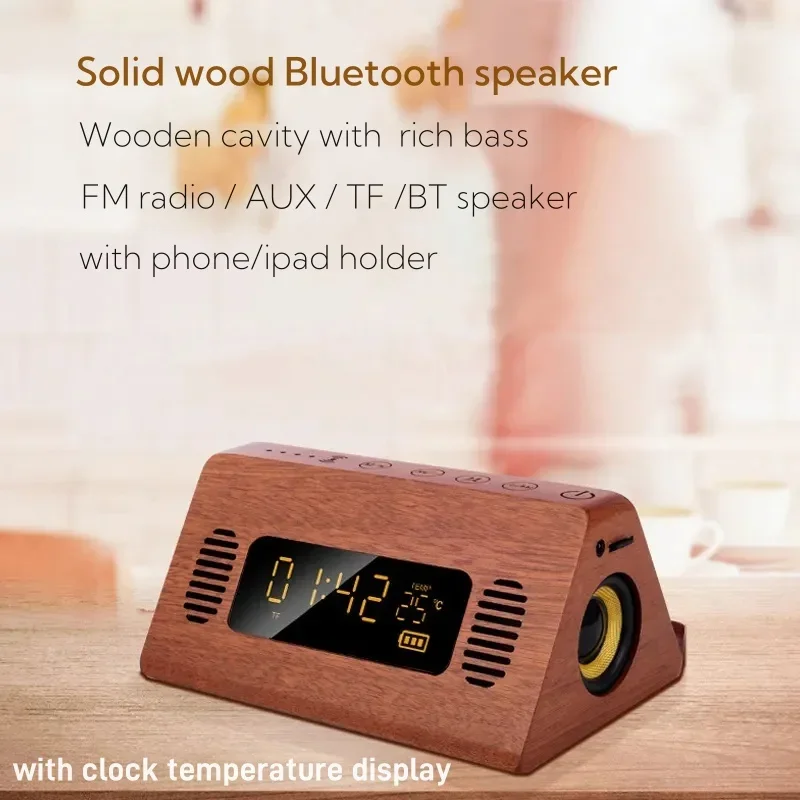 Multi Functional Mini Speaker Wooden Bluetooth Speaker Wireless Charging Power Bass Subwoofer with Clock Display Phone Holder