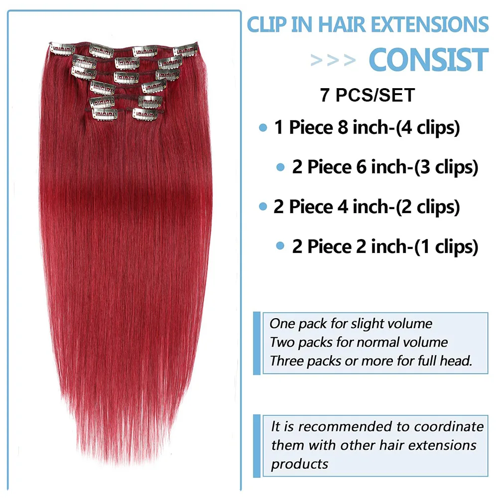 Clip in Hair Extensions Real Human Hair Double Weft Seamless Clip ins Burgandy Color Hair Cosplay Hair Extensions