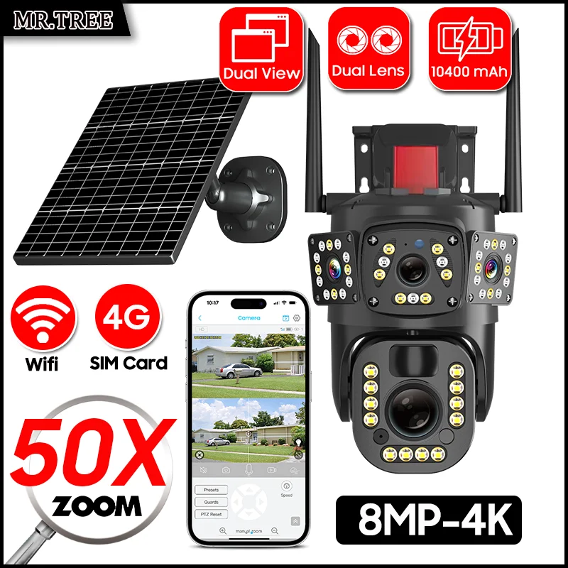 4K 8MP Dual Lens Solar Camera 4G/WIFI Outdoor 50X Zoom Color Night Vision Surveillance Security PTZ Motion Detect IP Cam Ubox