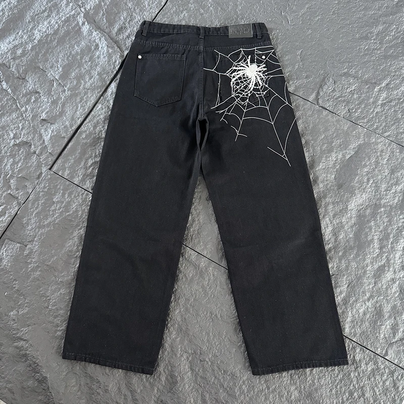 New DERSCHUTZE Unisex Jeans Dark Street Gothic Denim Trousers White Spider Web Embroidery Loose Straight Casual Jeans