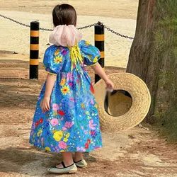 Girls' Summer Puffy Dress Korean Style Sweet Princess Party Exquisite Workmanship Ruffled Design Plant Patterns Mid-Calf Dress