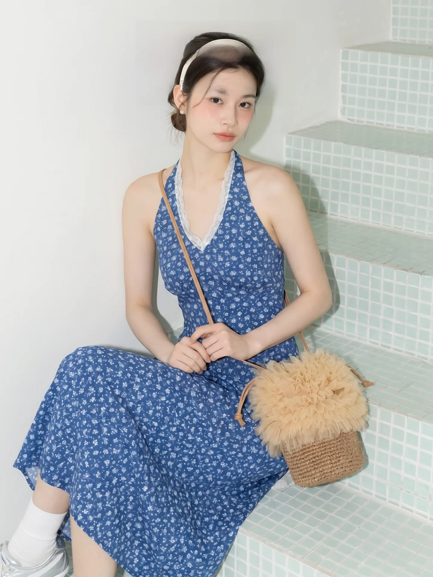 

Ins Style Orange Girl Basket Weave Crossbody Phone Bag Lace Trim Bucket Shape Shoulder Bag Cotton Drawstring Closure
