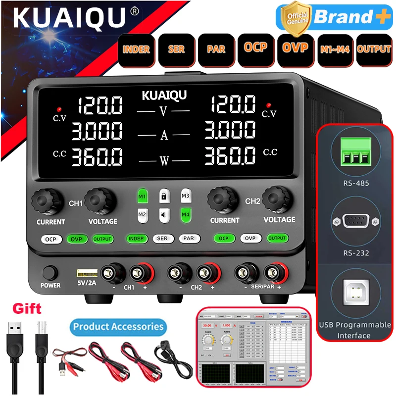 KUAIQU 3 チャンネル実験用電源 30V10A CH1 CH2 USB、直列・並列出力、RS232/USB/485 60V5A プログラマブル 4in1、OCP、OVP、SCP
