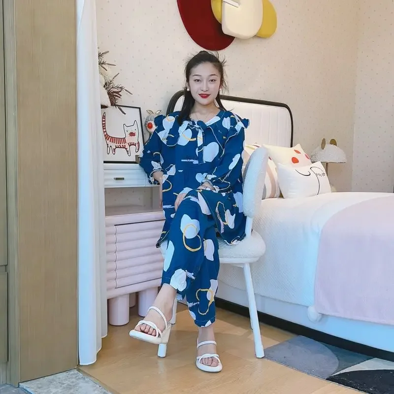 

Age Reduction Can Be Worn Outside Pajama New Large Size Butterfly Collar Cotton and Silk Suit Women's Leisure Travel Loungewear
