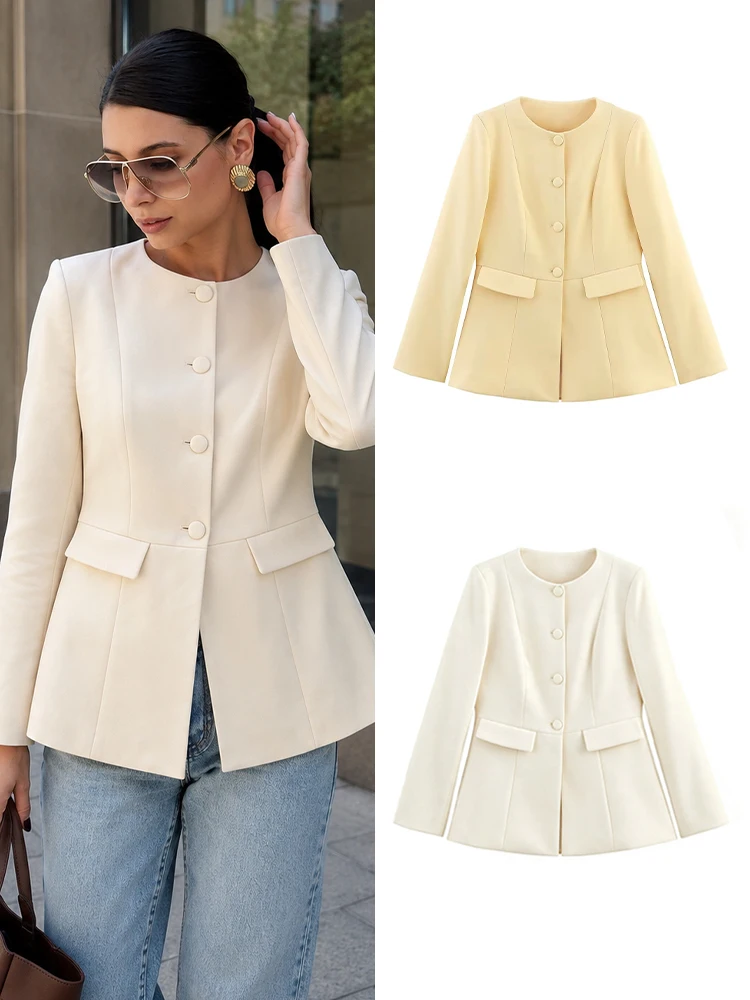HH Women Casual Commuting Jacket Solid Simple Style Single Breasted Fake Pocket Blazer 2026 Spring Autumn O-Neck Chic Coat