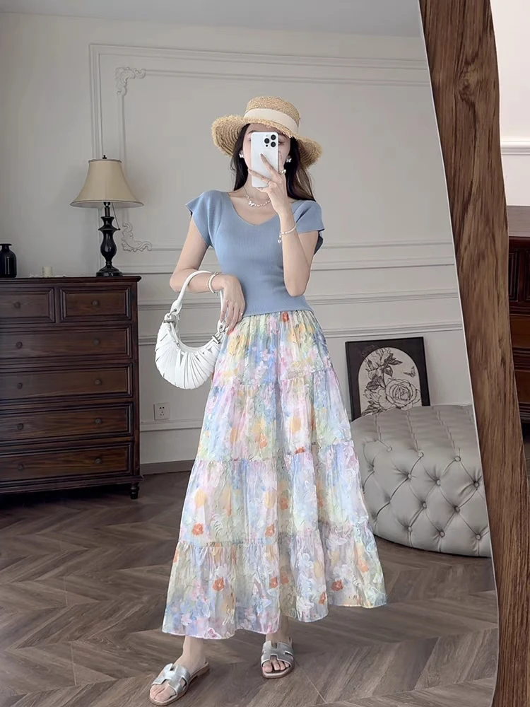 

French Vintage Fashion Women's Flower Elegant Pleated Long Skirt Spring Summer High Waist Party A-line Skirts Popular Bohemian