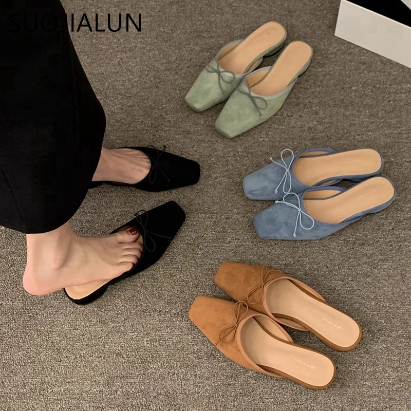 

SUOJIALUN 2025 New brand Women Slipper Fashion Round Toe Shallow Mules Shoes Square Low Heel Dress Slides Ladies Sandal Shoes