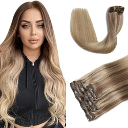 XDhair Clip in Hair Extensions Human Hair,100g 6pcs 16inch Balayage Red Golden Brown to Light Blonde Clip in Hair Extensions