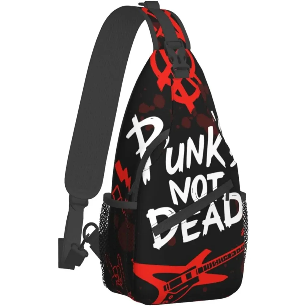 Cool Sling Backpack Crossbody Shoulder Bag Punk Rock Set Skull Punks Not Dead Words Red Black Bag Durable Travel Hiking Daypack