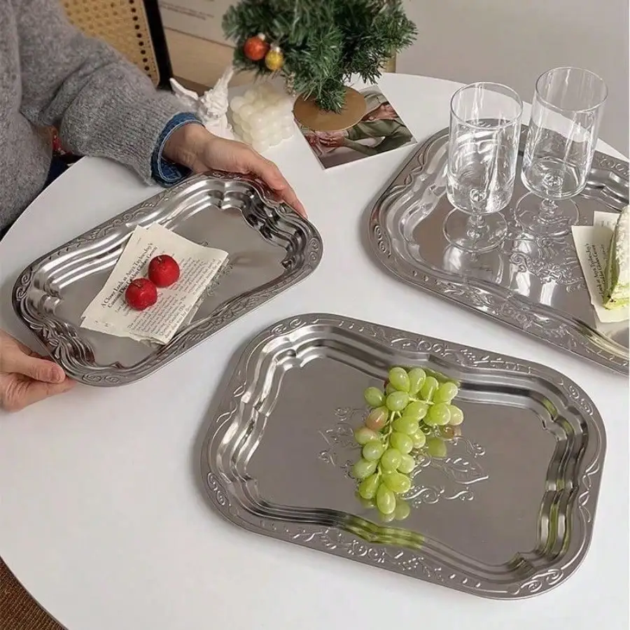 

French Vintage Tray 410 Stainless Steel Rectangular Trays W/ Retro Relief Coffee Cup Storage Dish Fruit Snack Cake Serving Dish
