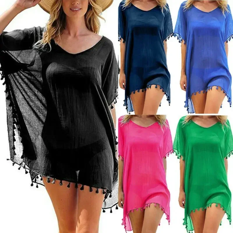 

BWQ Women Swimsuit Baggy Tunic Tops Bikini Cover-Ups Dress Swim Summer Beach Bathing T-Shirt Women Cotton Blouse Beachwear