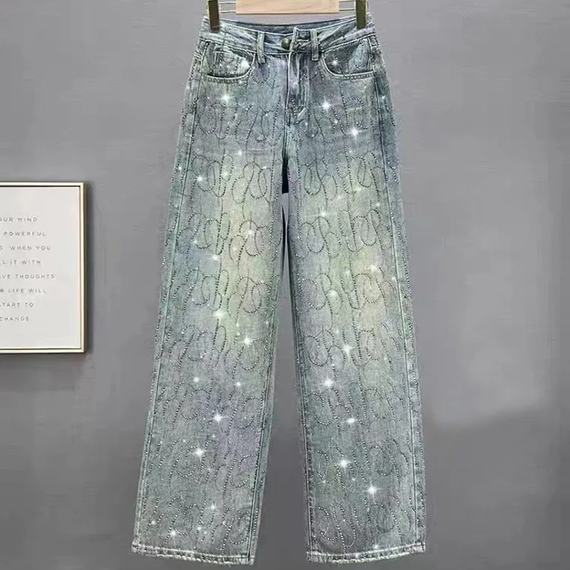 Luxury Shiny Diamond Jeans Women Autumn High Waist Loose Straight Wide Leg Pants Blue  Mopping Pants Streetwear Fashion Trousers