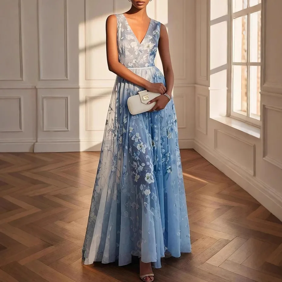 

Dress Women Spring Summer Elegant Sleeveless Digital Print Evening Gown Party Maxi Dresses