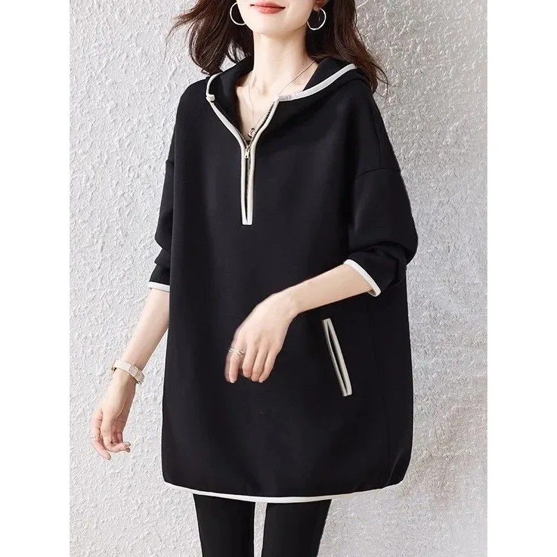 

Mid-length Contrasting Color Casual Sweatshirt for Women Autumn New Fashion Versatile Hooded Top
