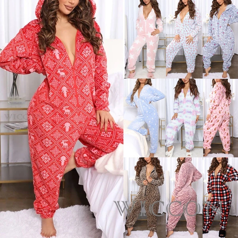 Women Cute Pajamas Christmas PJ Printed Onesies Bodysuit Jumpsuit Homewear Suit Sleepwear Female Autumn Winter Warm Nightgown