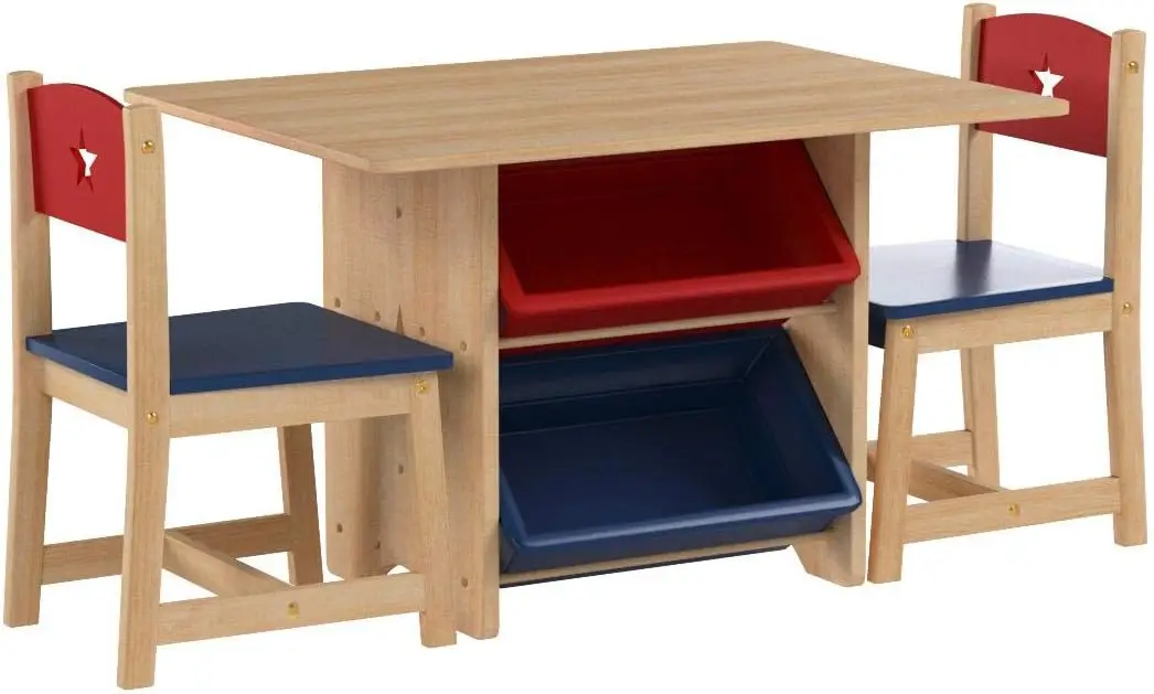 Conjunto de mesa e cadeira estrela de madeira com 4 caixas de armazenamento, móveis infantis – vermelho, azul e natural