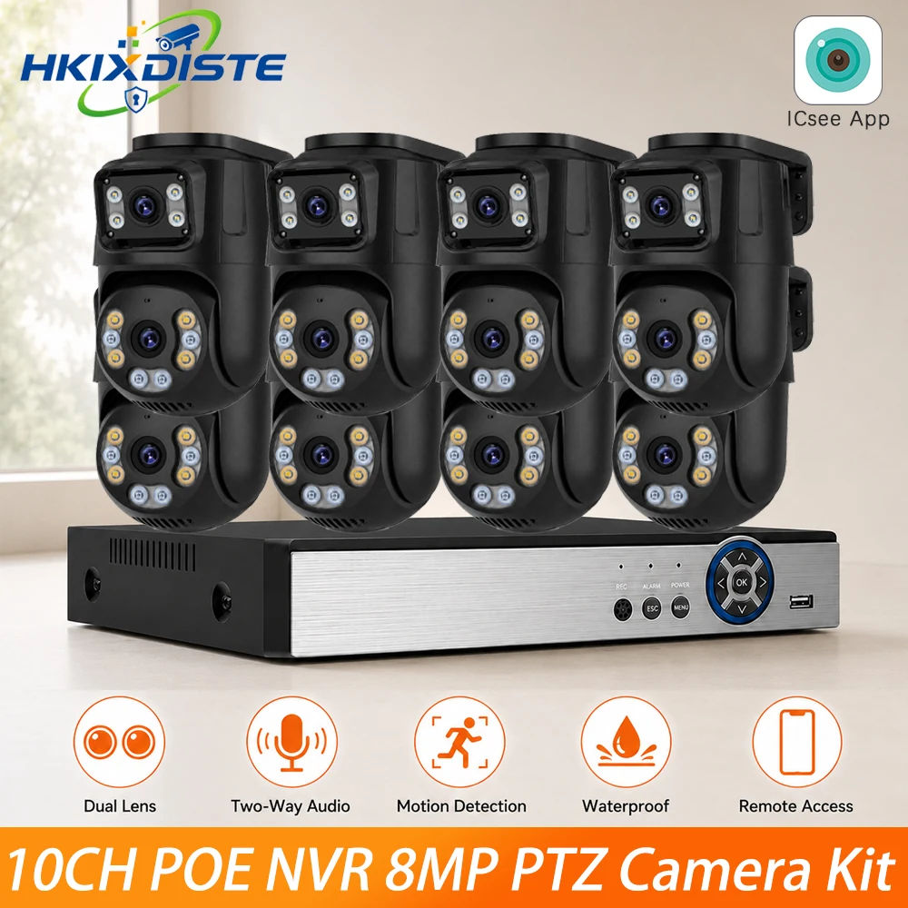 8MP 4K Dual Lens POE Camera Kit 10CH NVR Outdoor PTZ IP Cameras Two-Way Audio Motion Detection IP66 Remote Access Surveillance