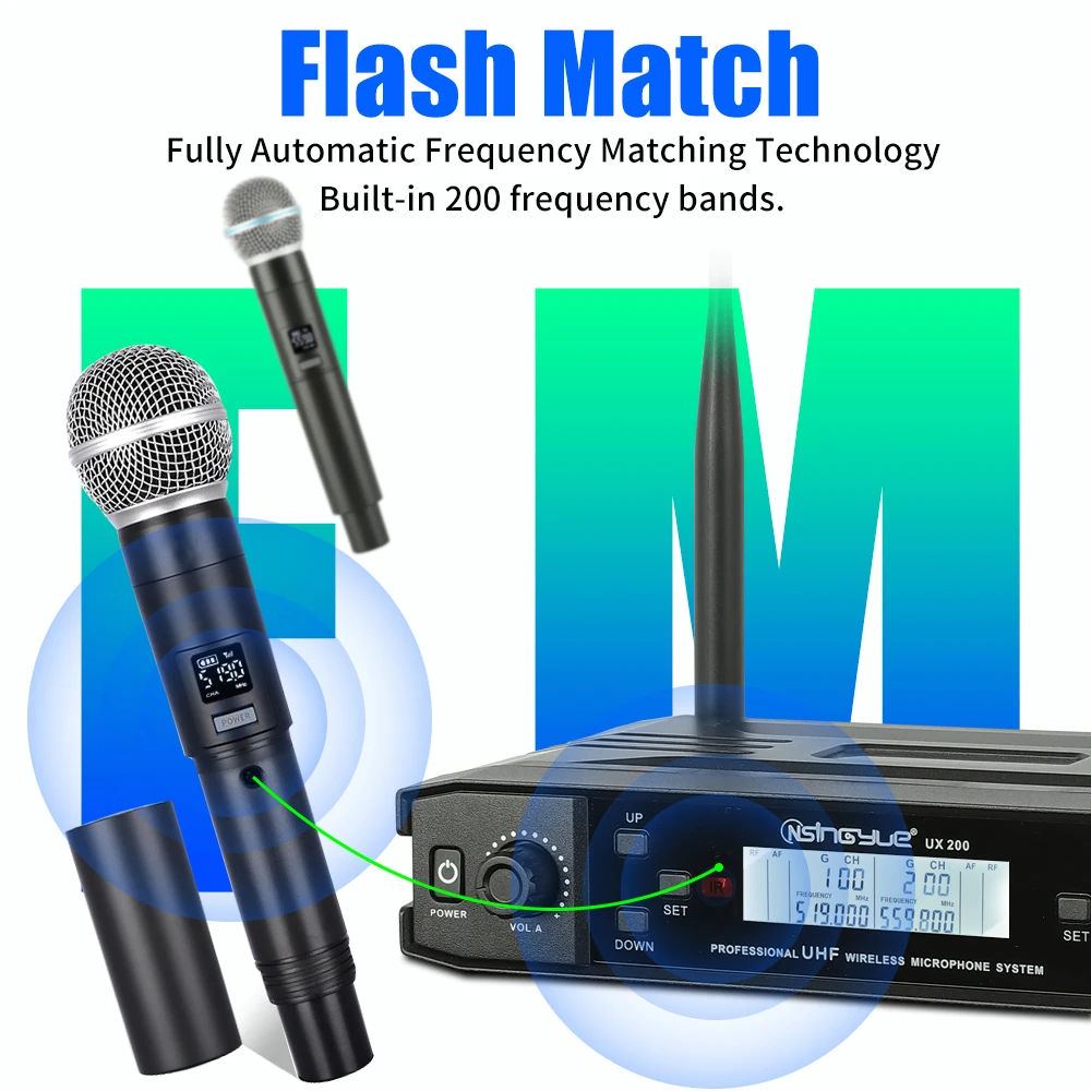 ميكروفون لاسلكي UHF المهنية ميكروفون ديناميكي ثنائي القناة لخطاب الزفاف الكنيسة تظهر حفلة المنزل Karaok ، UX-200