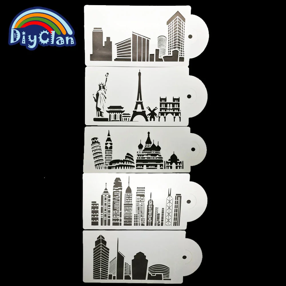 5PCS Buildings For Diy Scrapbooking Tower Cake Stencil For Cake Border Decorating Plastic Fondant Stencil Painting PC0023