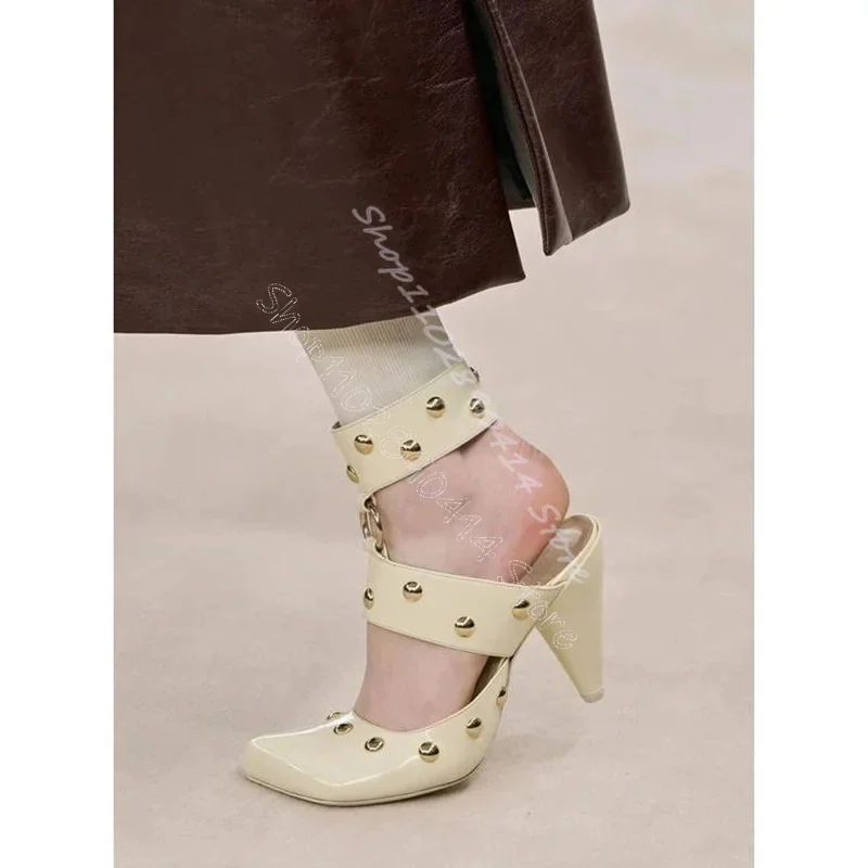 

Gold Rivets Decor Beige Square Toe Runway Pumps Buckle Strap Women Shoes Strange Style Heels Sexy Party 2025 Zapatos Para Mujere