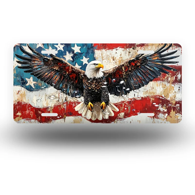 Patriotic color eagle brush touches the front license plate, aluminum license plate cover and frame, fun for men/women/boys