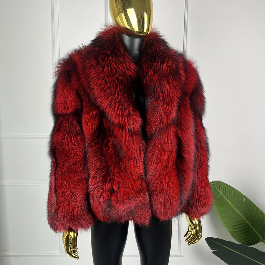 

Red Silver Fox Fur Mens Coat Natural Fox Fur Jacket Winter Warm Turndown Collar Luxury Clothing For Mens