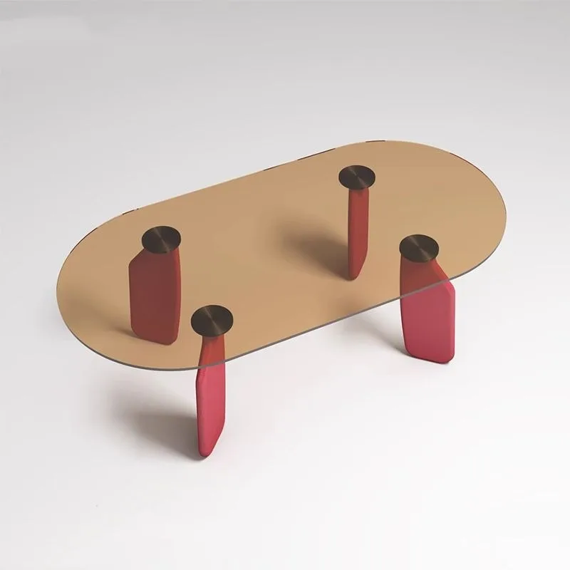 Nordic light luxury color matching tempered glass coffee table, living room home special-shaped dining table, oval irregular