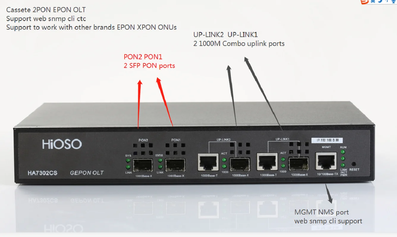 HIOSO Epon OLT 2 Port  SFP Uplink Combo AC100-240V With DC Connector 12V POWER NOT INCLUDED