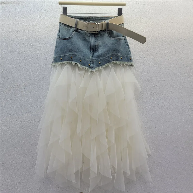 Mesh Splicing Fashionable Mid Length Denim Bag Hip Skirt for Women in Summer 2025 Light Blue High Waisted Slimming Skirt