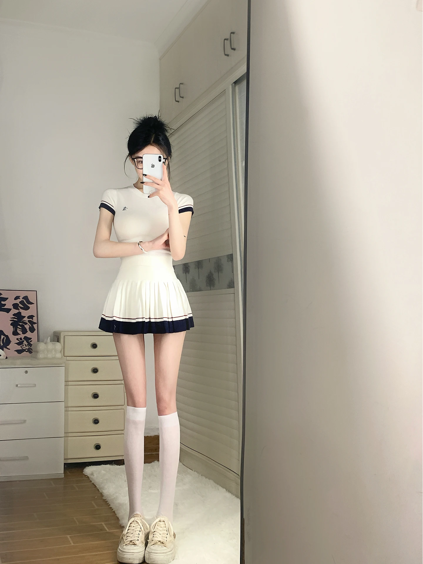 

White Embroidered Short Sleeve Knitted T-Shirt Women Summer Casual Sports Set Pleated Skirt High Waist Midi Skirt Two Piece Set