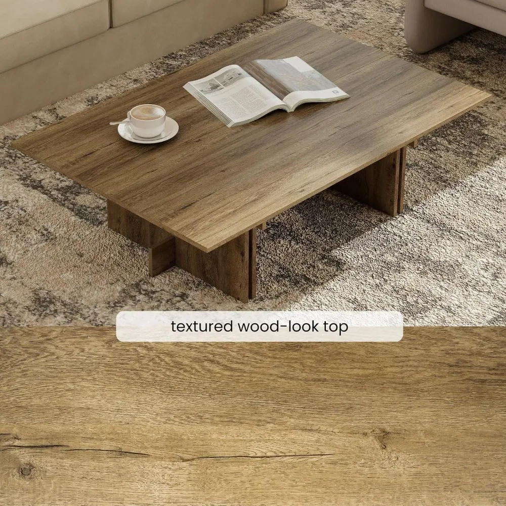 Mesa de centro moderna de 47 polegadas, grande mesa central retangular de madeira com base cruzada na sala de estar