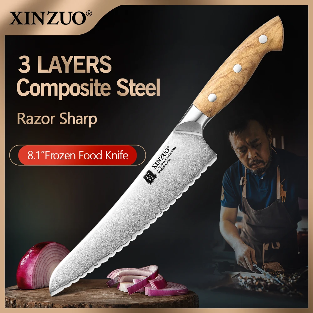 

XINZUO 8.11-Inch Composite Steel Frozen Food Knife Olive Wood Stainless Steel Rivet Handle Sharp Durable Exquisite Gift Box