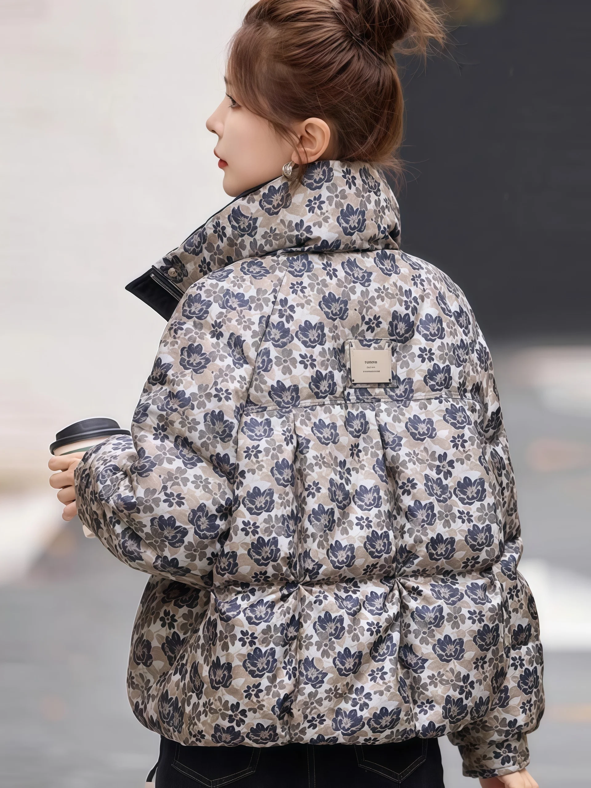 

ort Puffer Jaet Women's Cotton down Coat Retro Collar Floral Print Bread Sle Winter Faion Small Size Fem Outerwear